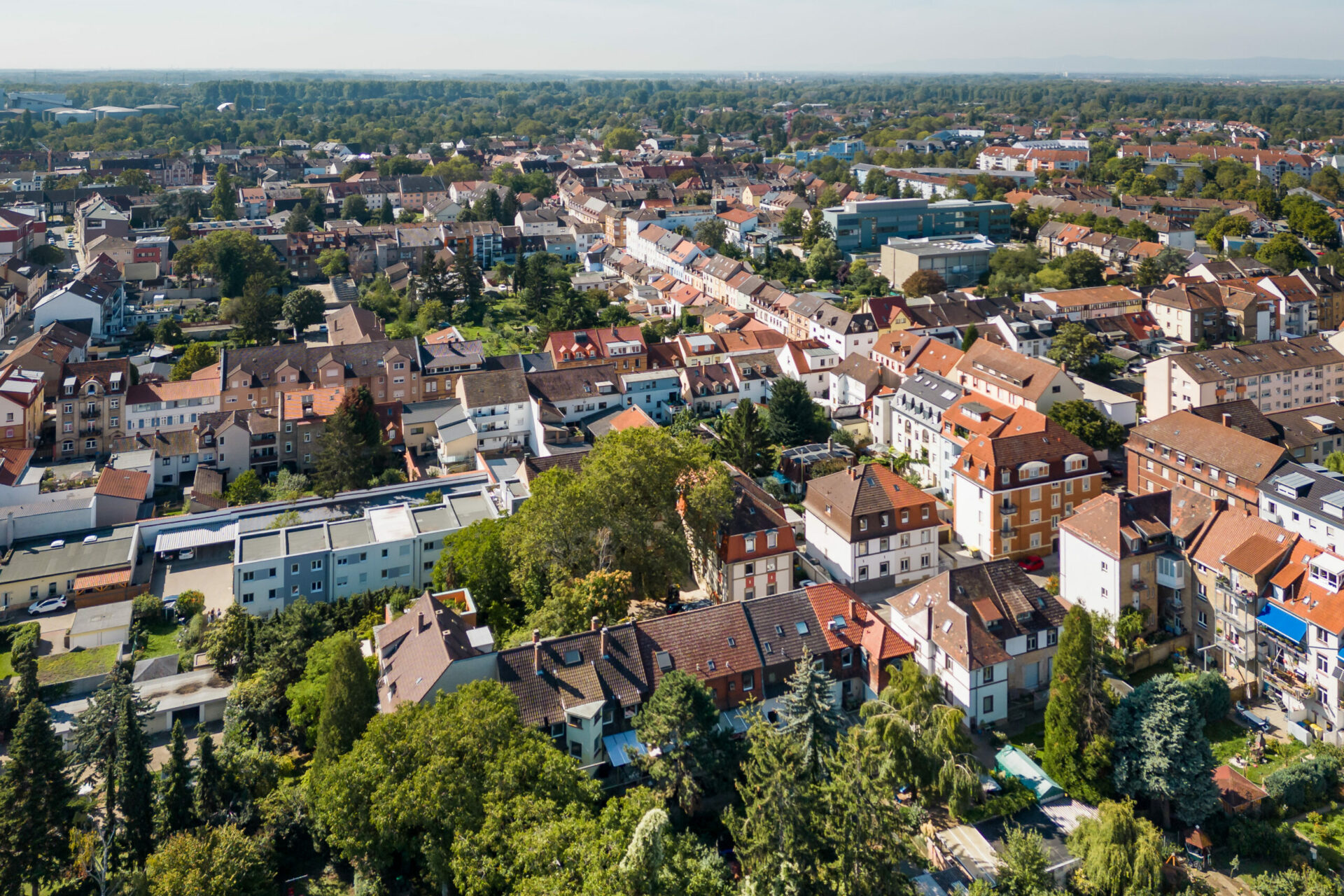 Luftaufnahme von Neckarau mit dichter Wohn- und Geschäftsbebauung, durchzogen von Straßen und umgeben von Grün.