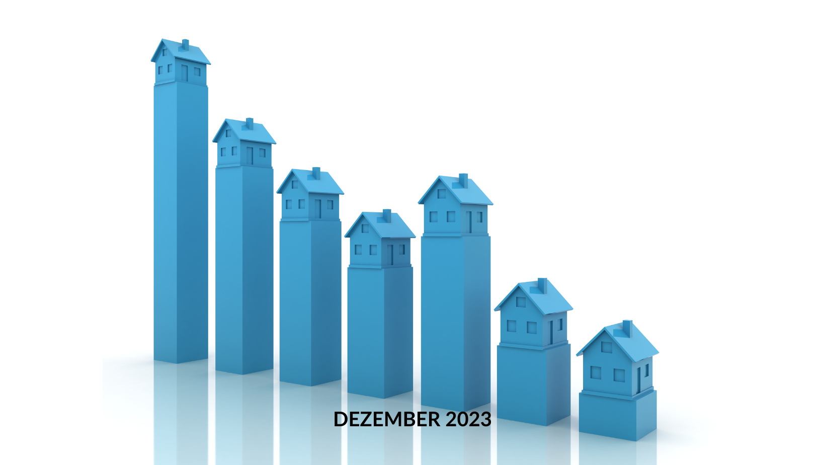 Grafik aus aufsteigenden blauen Balken in Form von Burgen mit der Aufschrift „Dezember 2023“, die Immobilien-Wertberichtigungen auf einer reflektierenden weißen Oberfläche darstellen.
